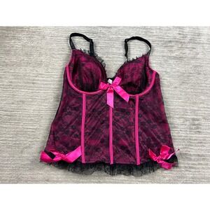 Cacique Bustier Women 18/20 Pink Black Floral Lace Bow Trim Lingerie Corset Top